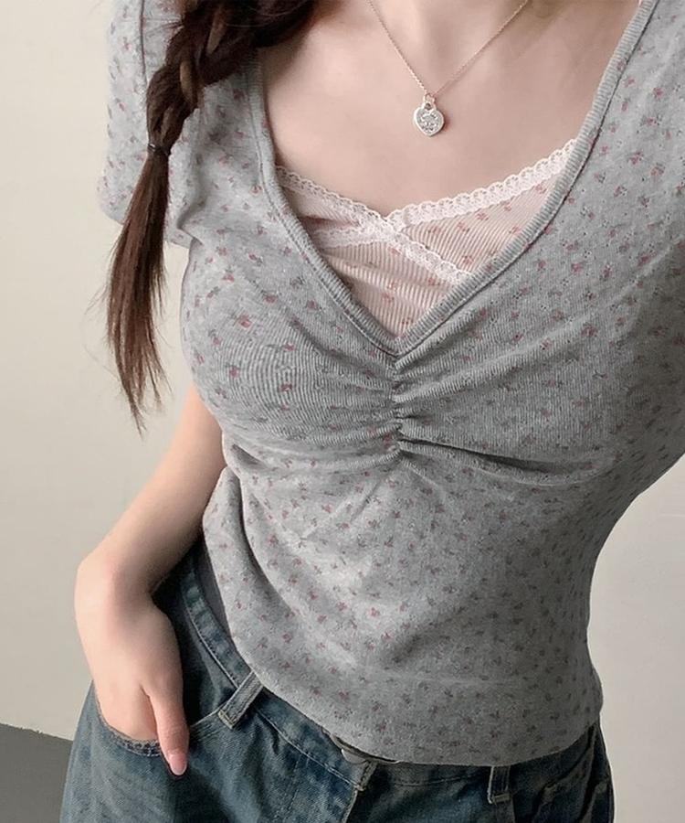 フラワーVネックシャーリング半袖Tシャツ GREY