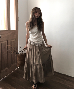 ミディ/ロングスカート 【ベルト付き】シフォンティアードバンディングロングスカート BEIGE