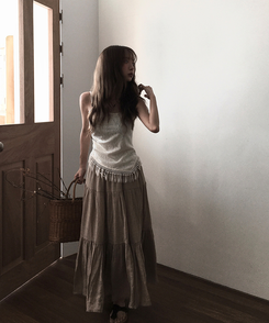 ミディ/ロングスカート 【ベルト付き】シフォンティアードバンディングロングスカート BEIGE