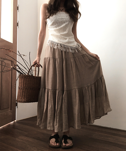 ミディ/ロングスカート 【ベルト付き】シフォンティアードバンディングロングスカート BEIGE