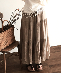 ミディ/ロングスカート 【ベルト付き】シフォンティアードバンディングロングスカート BEIGE