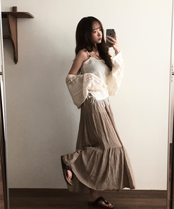 ミディ/ロングスカート 【ベルト付き】シフォンティアードバンディングロングスカート BEIGE