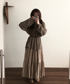 ミディ/ロングスカート 【ベルト付き】シフォンティアードバンディングロングスカート BEIGE