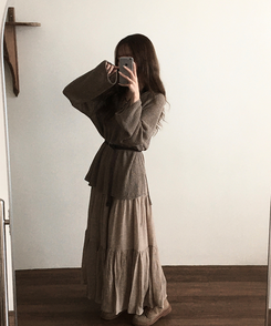 ミディ/ロングスカート 【ベルト付き】シフォンティアードバンディングロングスカート BEIGE
