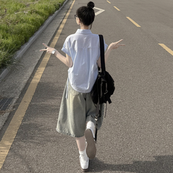 [청량색감?/널널여리핏] 시어서커 스트라이프 옆셔링 롤업 반팔셔츠 세미크롭 소라 여름남방 여름쿨톤 소라