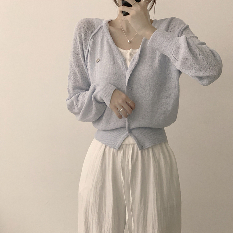 ペンダントシースルーリネンカーディガン(6color) SKY BLUE
