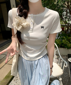 半袖Tシャツ リボン刺繍ボタンTシャツ WHITE