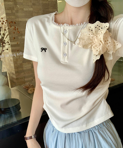 半袖Tシャツ リボン刺繍ボタンTシャツ WHITE