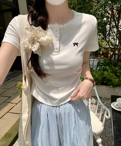 半袖Tシャツ リボン刺繍ボタンTシャツ WHITE