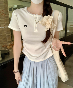 半袖Tシャツ リボン刺繍ボタンTシャツ WHITE