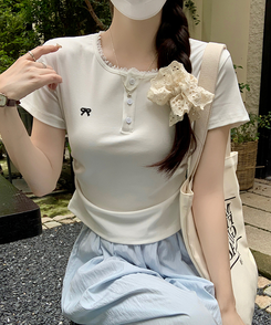 半袖Tシャツ リボン刺繍ボタンTシャツ WHITE