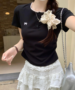 半袖Tシャツ リボン刺繍ボタンTシャツ BLACK