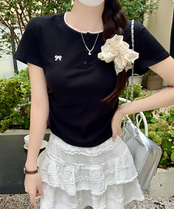 半袖Tシャツ リボン刺繍ボタンTシャツ BLACK