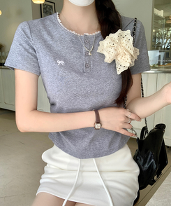 半袖Tシャツ リボン刺繍ボタンTシャツ GREY