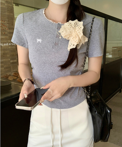 半袖Tシャツ リボン刺繍ボタンTシャツ GREY