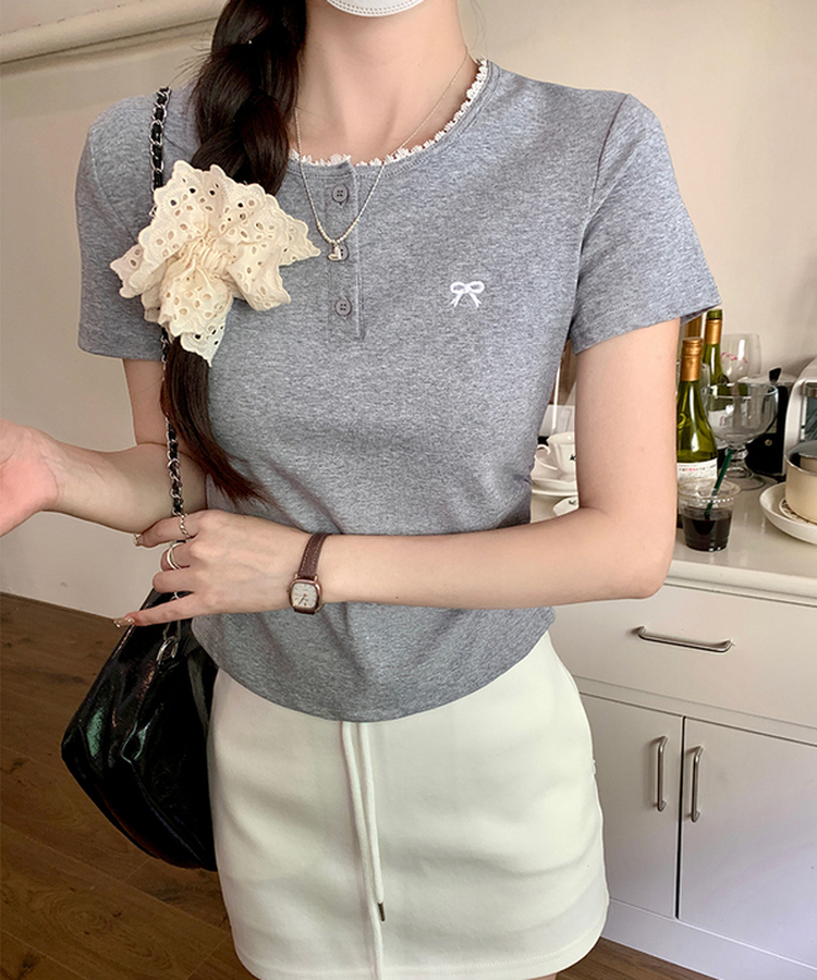 半袖Tシャツ リボン刺繍ボタンTシャツ GREY