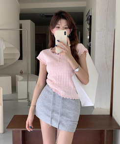 半袖Tシャツ フリルボタンTシャツ(5color) PINK