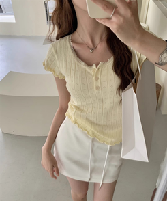 半袖Tシャツ フリルボタンTシャツ(5color) LIGHT BEIGE