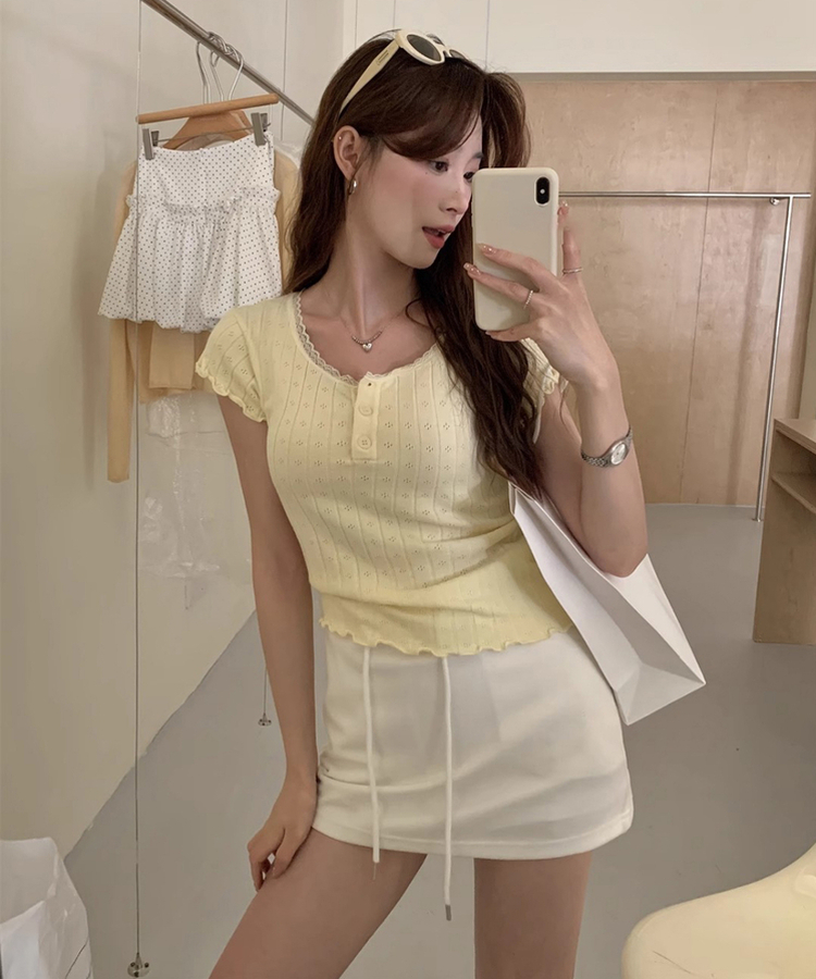 半袖Tシャツ フリルボタンTシャツ(5color) LIGHT BEIGE