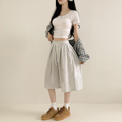 ショートパンツ ハイウエストピンタックトレーニンバミューダパンツ MELANGE WHITE