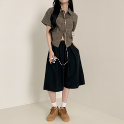 ショートパンツ ハイウエストピンタックトレーニンバミューダパンツ BLACK