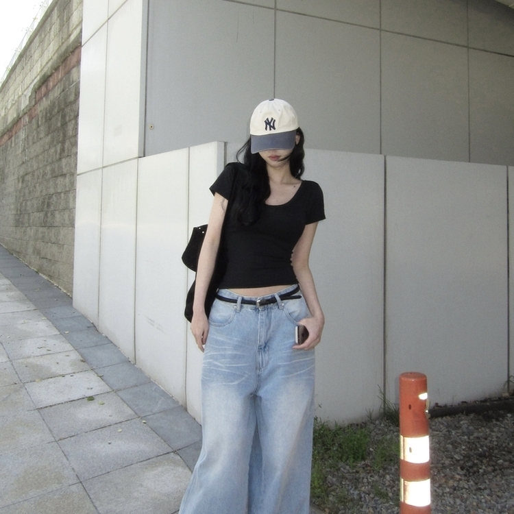スリムV/Uネック半袖Tシャツ BLACK