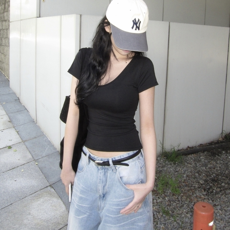 スリムV/Uネック半袖Tシャツ BLACK