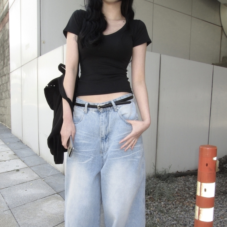 スリムV/Uネック半袖Tシャツ BLACK