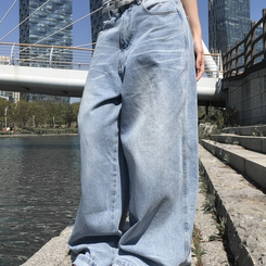 デニム キャットブラシウォッシングワイドデニム LIGHT BLUE