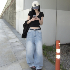 デニム キャットブラシウォッシングワイドデニム LIGHT BLUE