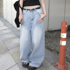 デニム キャットブラシウォッシングワイドデニム LIGHT BLUE