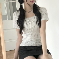 [땡땡이]브이넥 버튼 도트 땡땡이 슬림핏 반팔 티셔츠 3color 아이보리
