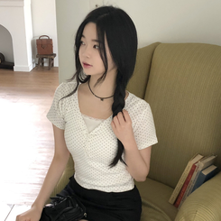 [땡땡이]브이넥 버튼 도트 땡땡이 슬림핏 반팔 티셔츠 3color 아이보리