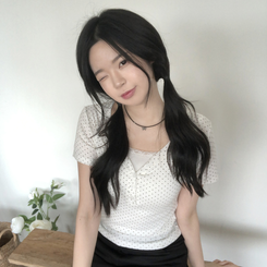 [땡땡이]브이넥 버튼 도트 땡땡이 슬림핏 반팔 티셔츠 3color 아이보리