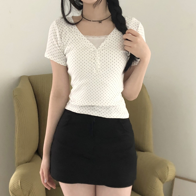 [땡땡이]브이넥 버튼 도트 땡땡이 슬림핏 반팔 티셔츠 3color 아이보리