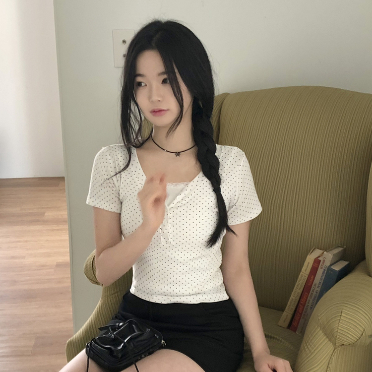 [땡땡이]브이넥 버튼 도트 땡땡이 슬림핏 반팔 티셔츠 3color 아이보리