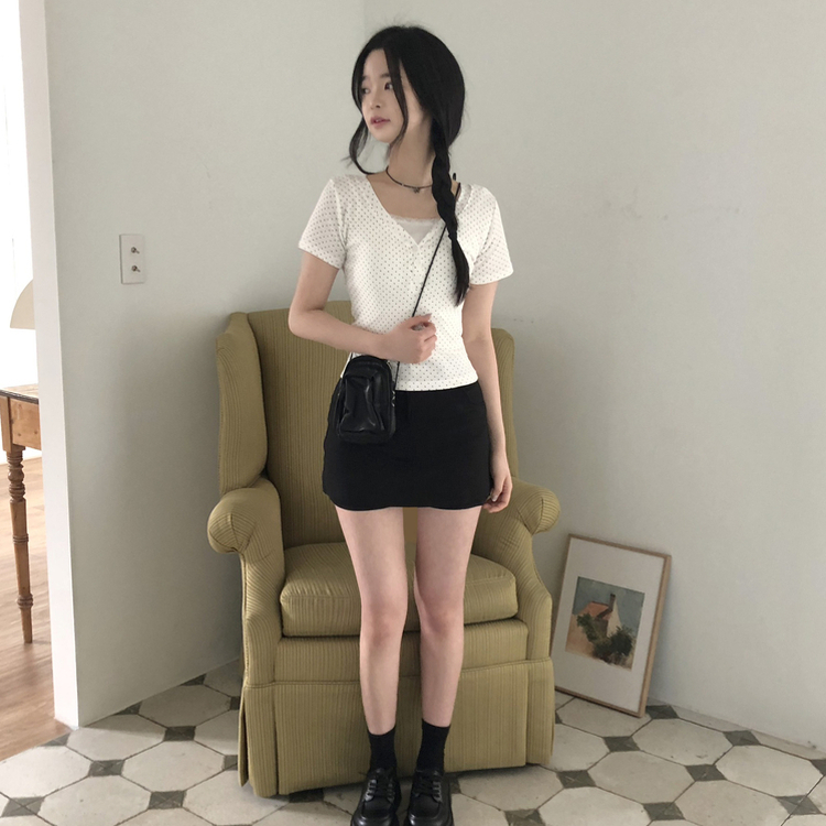 [땡땡이]브이넥 버튼 도트 땡땡이 슬림핏 반팔 티셔츠 3color 아이보리