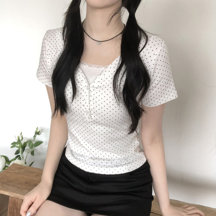 [땡땡이]브이넥 버튼 도트 땡땡이 슬림핏 반팔 티셔츠 3color 아이보리