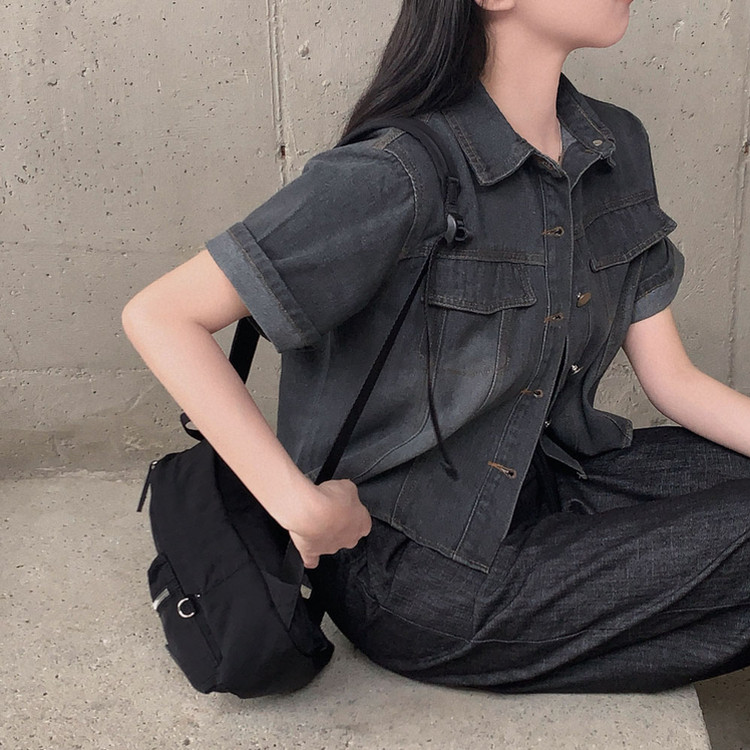 모노로그 반팔 데님 스탠다드핏 썸머 청자켓 셔츠 차콜