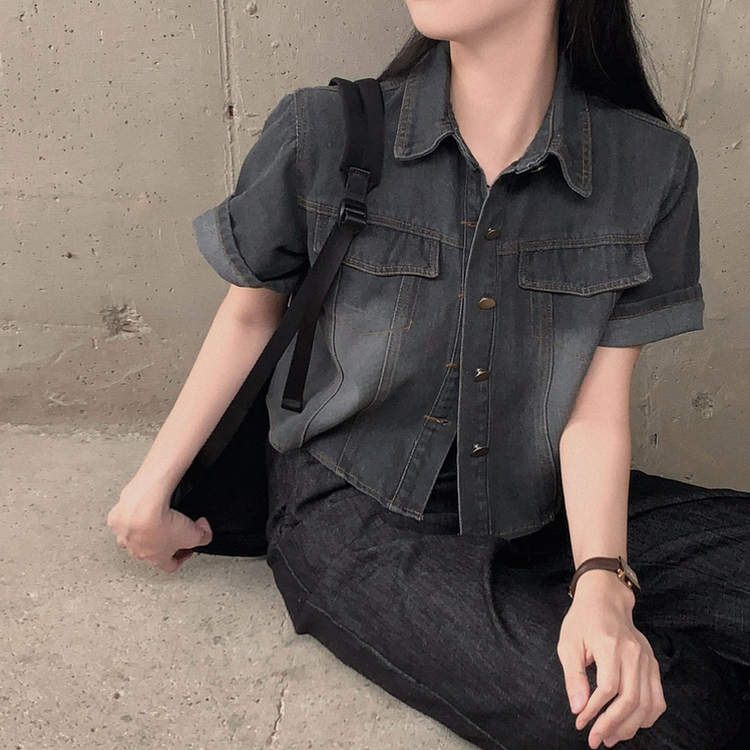 모노로그 반팔 데님 스탠다드핏 썸머 청자켓 셔츠 차콜