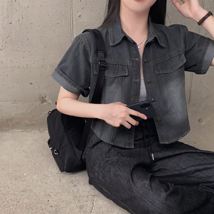 모노로그 반팔 데님 스탠다드핏 썸머 청자켓 셔츠 차콜