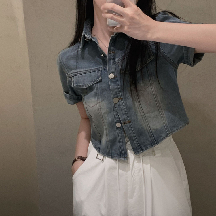 모노로그 반팔 데님 스탠다드핏 썸머 청자켓 셔츠 라이트블루