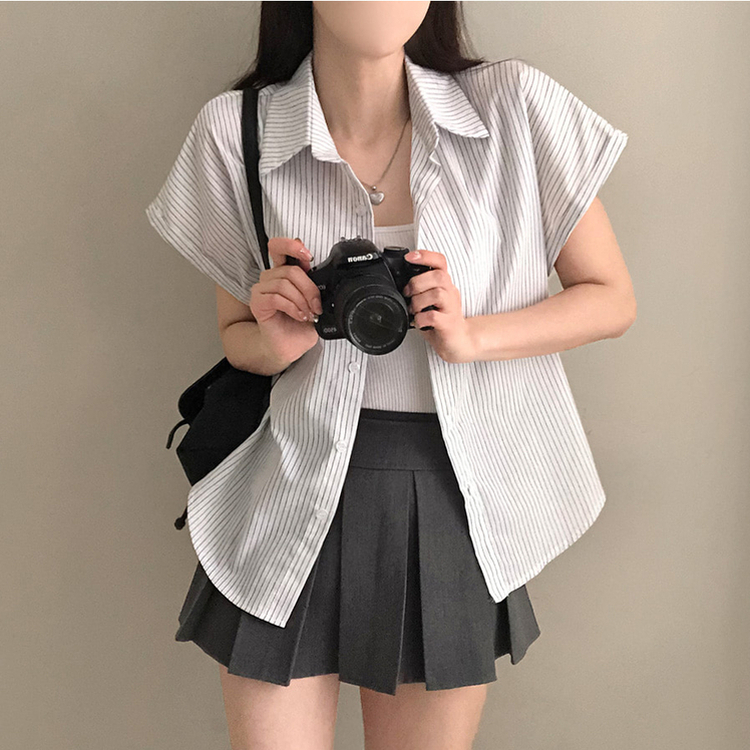 엘 스트라이프 소매 롤업 루즈핏 카브라 반팔 셔츠 화이트