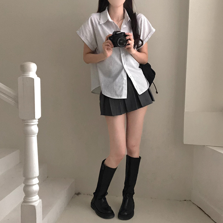 엘 스트라이프 소매 롤업 루즈핏 카브라 반팔 셔츠 화이트