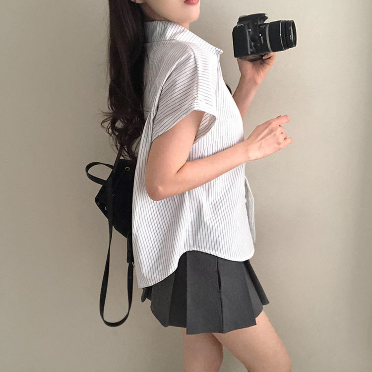 엘 스트라이프 소매 롤업 루즈핏 카브라 반팔 셔츠 화이트