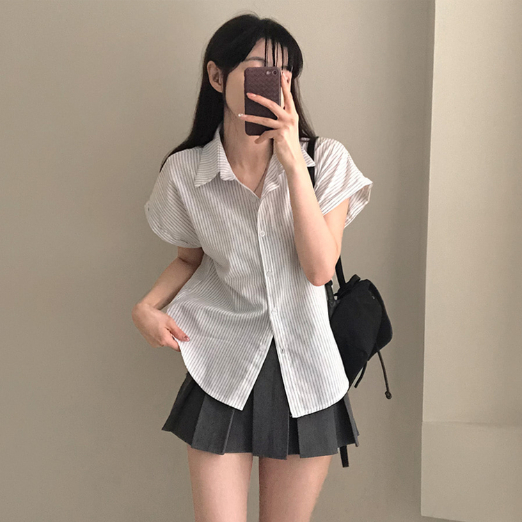 엘 스트라이프 소매 롤업 루즈핏 카브라 반팔 셔츠 화이트