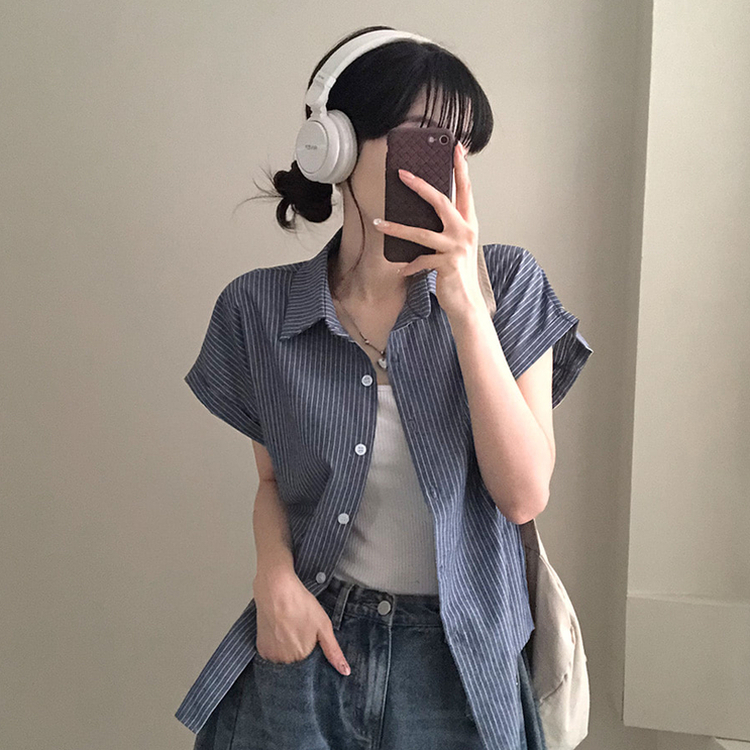 엘 스트라이프 소매 롤업 루즈핏 카브라 반팔 셔츠 네이비