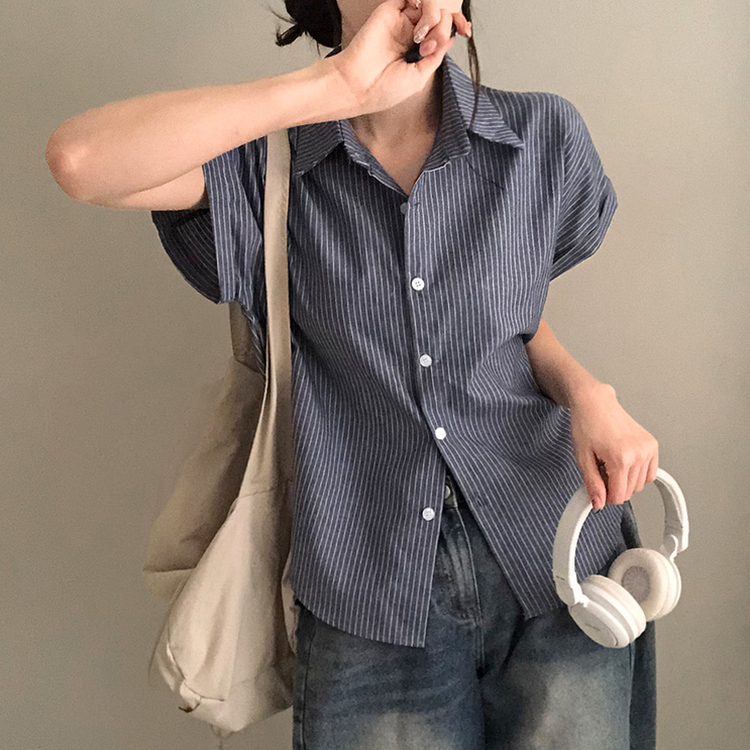 엘 스트라이프 소매 롤업 루즈핏 카브라 반팔 셔츠 네이비