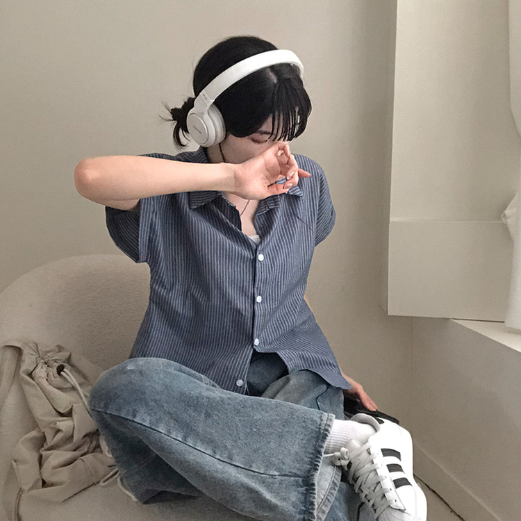 엘 스트라이프 소매 롤업 루즈핏 카브라 반팔 셔츠 네이비