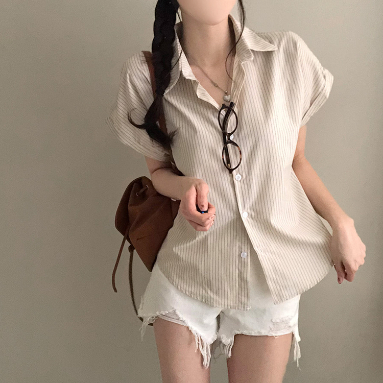 엘 스트라이프 소매 롤업 루즈핏 카브라 반팔 셔츠 크림